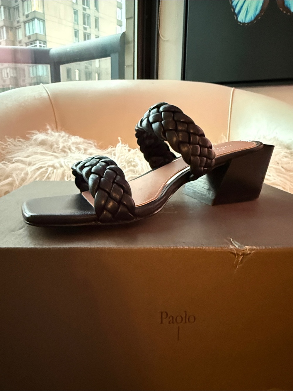 New, Linea Paolo Irene Black Nappa Braided Block Heel Sandals Size 6.5